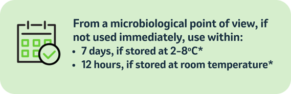 From a microbiological point of view, if not used immediately, use within 7 days if stored at 2–8°C, and within 6 hours at room temperature (≤25°C), unless prepared under validated aseptic conditions.