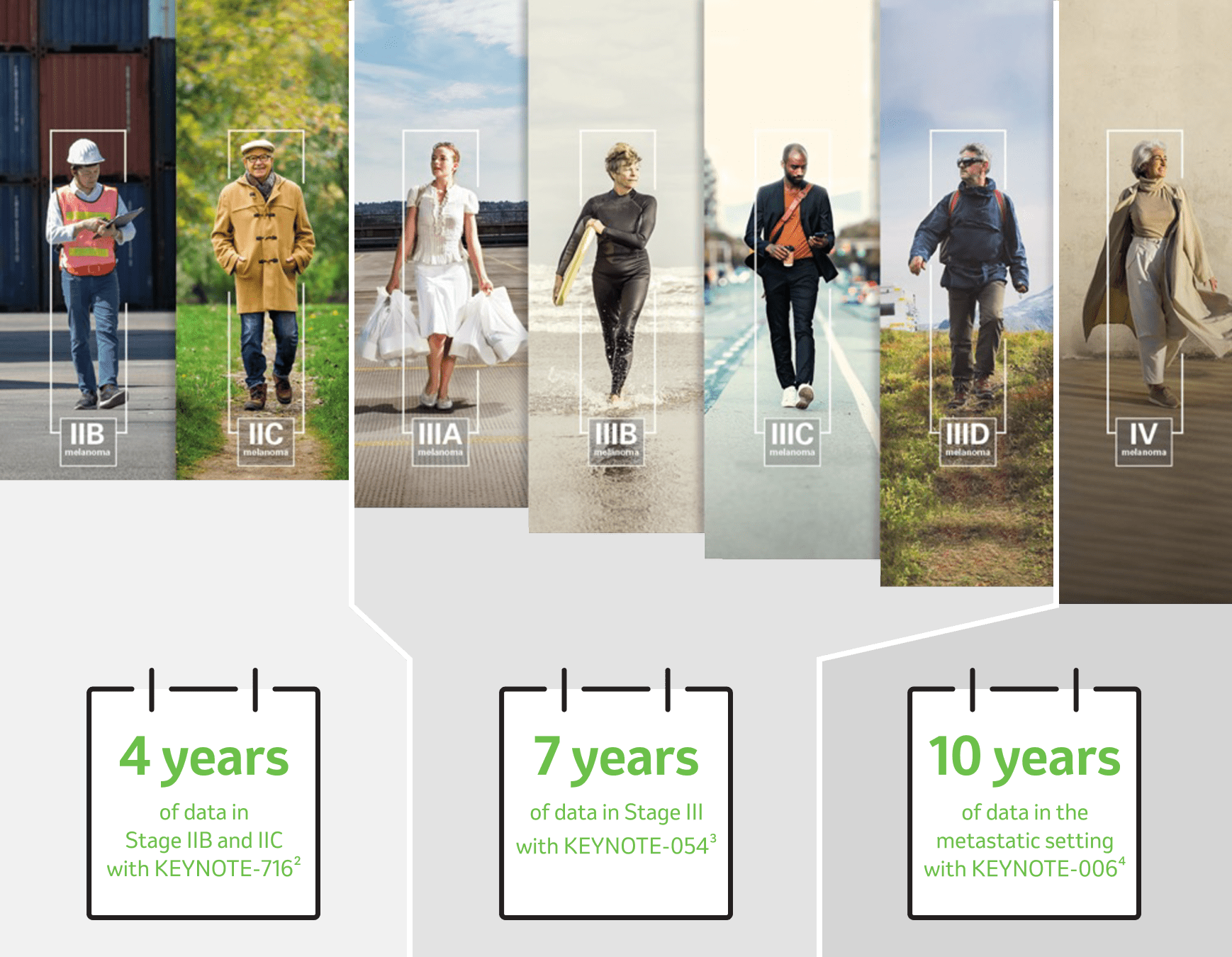 Illustration of six individuals walking, each labeled with a different stage of melanoma: IIB, IIC, IIIA, IIIB, IIIC, and IV. Below them are three boxes highlighting clinical data: '4 years of data in Stage IIB and IIC with KEYNOTE-716', '7 years of data in Stage III with KEYNOTE-054' and '10 years of data in the metastatic setting with KEYNOTE-006'. Each box includes a button labeled 'Explore the data'.