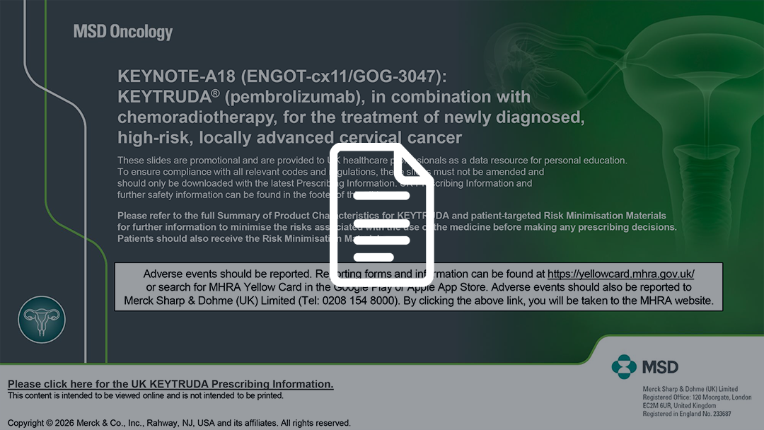 Screenshot of KEYTRUDA (pembrolizumab) KEYNOTE-A18 clinical data presentation first slide as a button to open the clinical data presentation MSD Connect page.